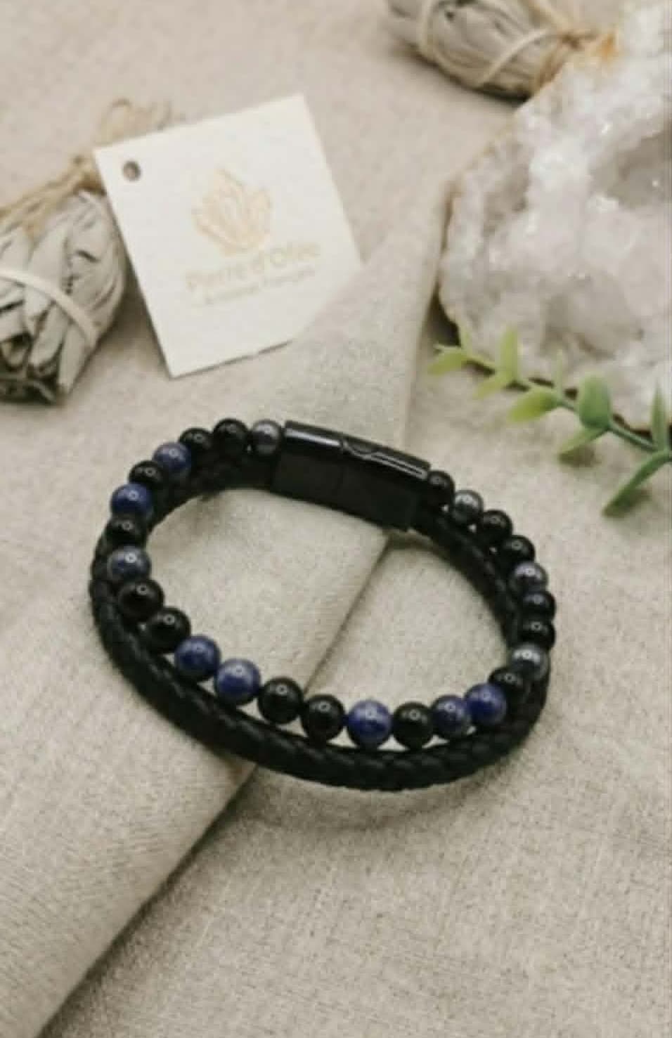 Bracelet Cuir, Lapis Lazuli & Onyx Noir