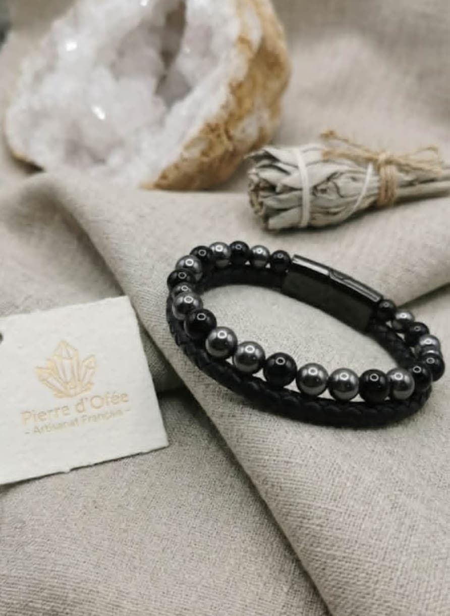Bracelet Cuir, Hématite & Onyx Noir